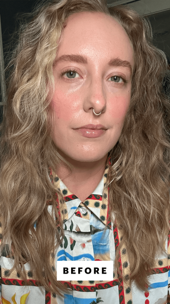 A selfie of Allure former content director Kara McGrath before applying the Half Magic Sparklestik Eye Crayon in Beige...